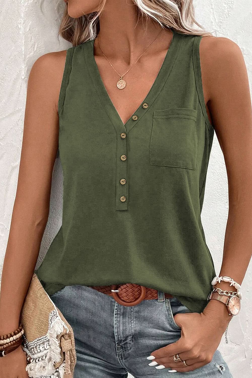 Jungle Green Half Button V Neck Patched Pocket Tank Top - Love Salve